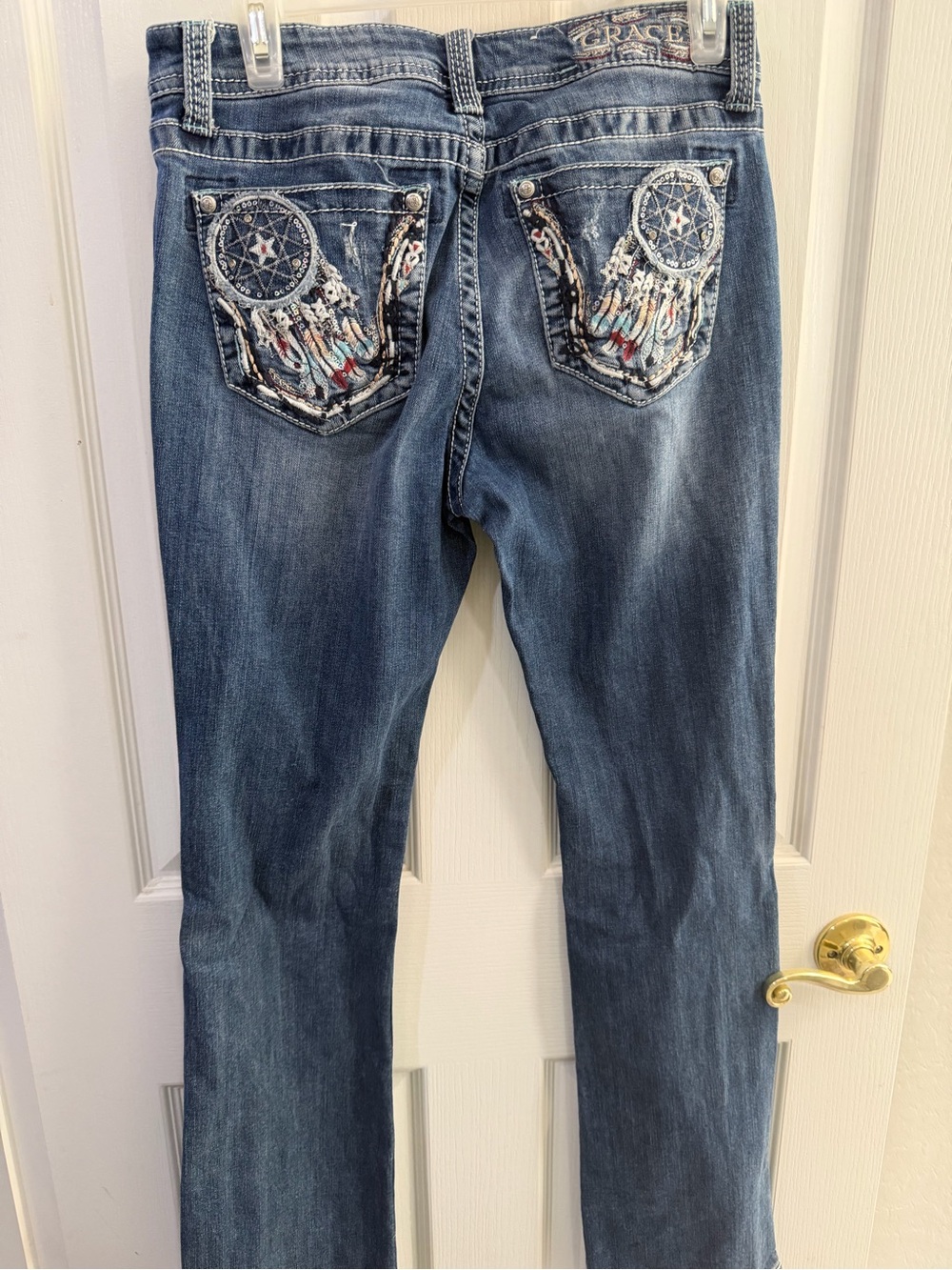 Grace Blue Denim Bootcut Jeans with Embroidered Dreamcatcher Pocket - Picture 2 of 4